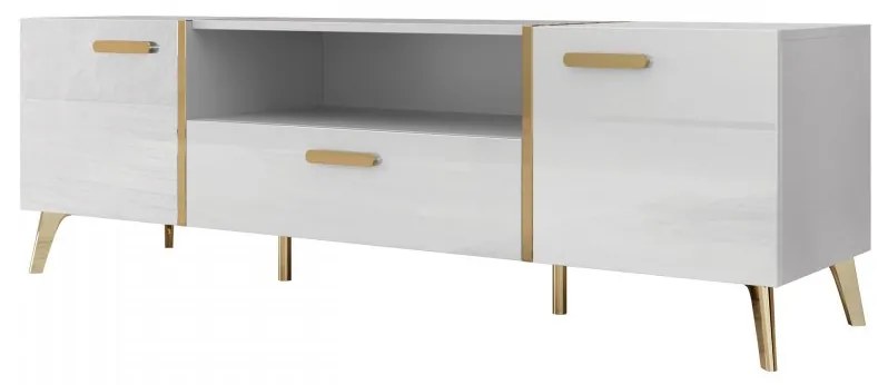 Moderná TV skrinka Rostiw 150 2D1SZ, Farby: biela / biely lesk + zlatá