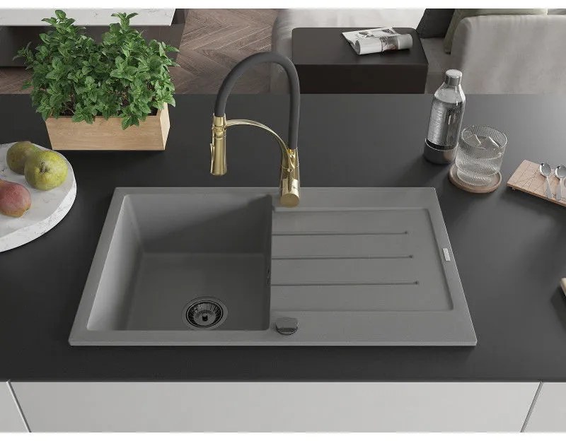 Mexen Bruno, 1-komorový granitový drez 795x495x200 mm a drezová batéria Aster, šedá, 6513-71-73450-57-B