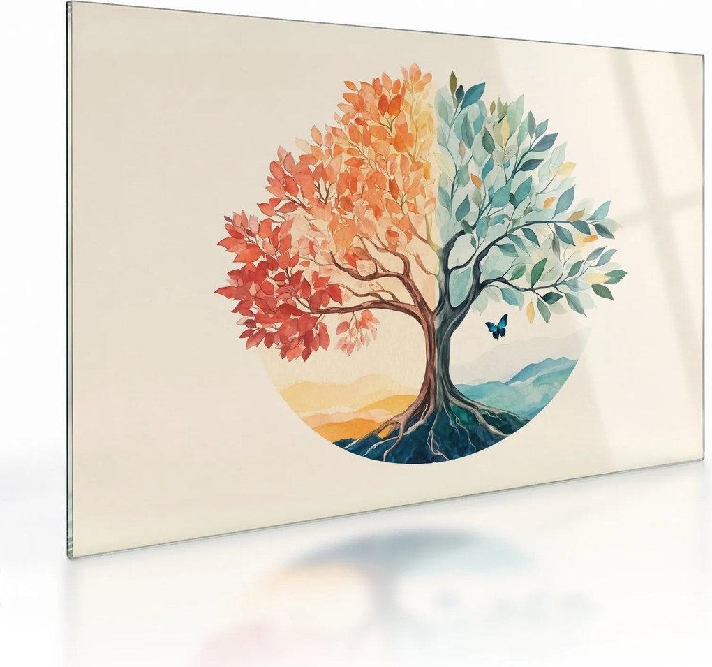 Sklenený obraz – Duálny strom s motýľom (70x50 cm)