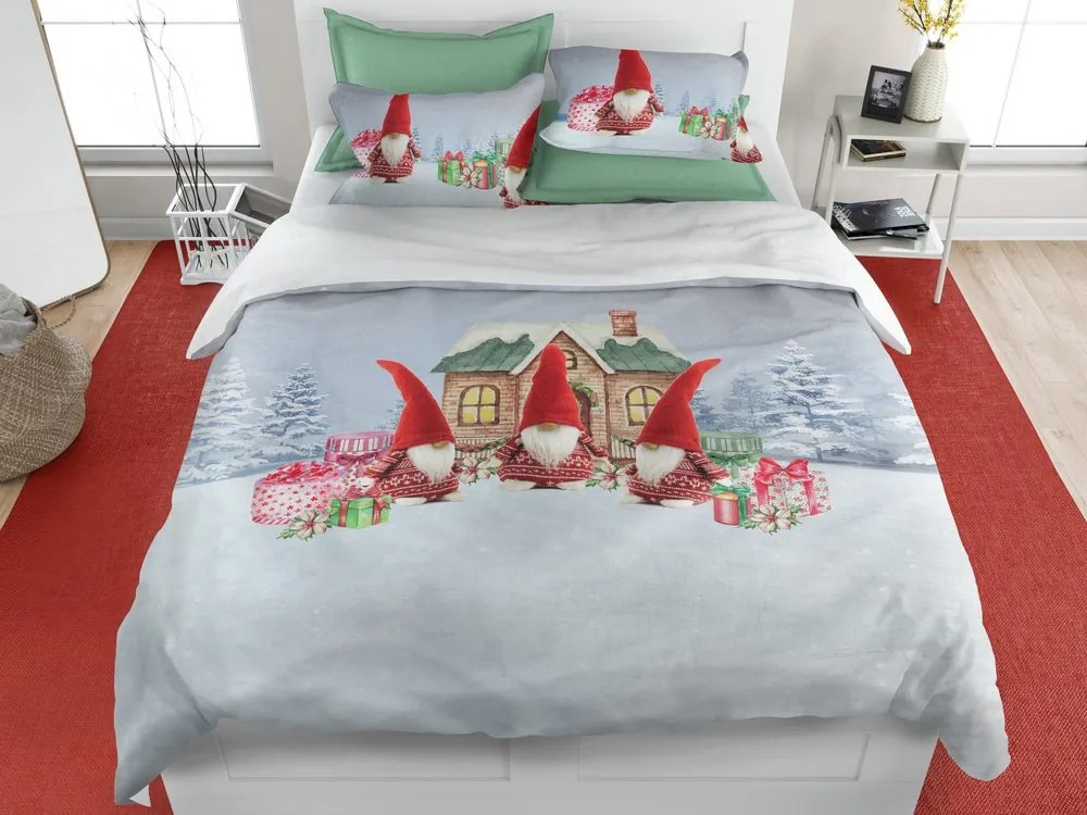 Gipetex Natural Dream 3D talianská obliečka 100% bavlna Gnomi - Vianoční škriatkovia s domčekom - 220x200 / 2x70x90 cm
