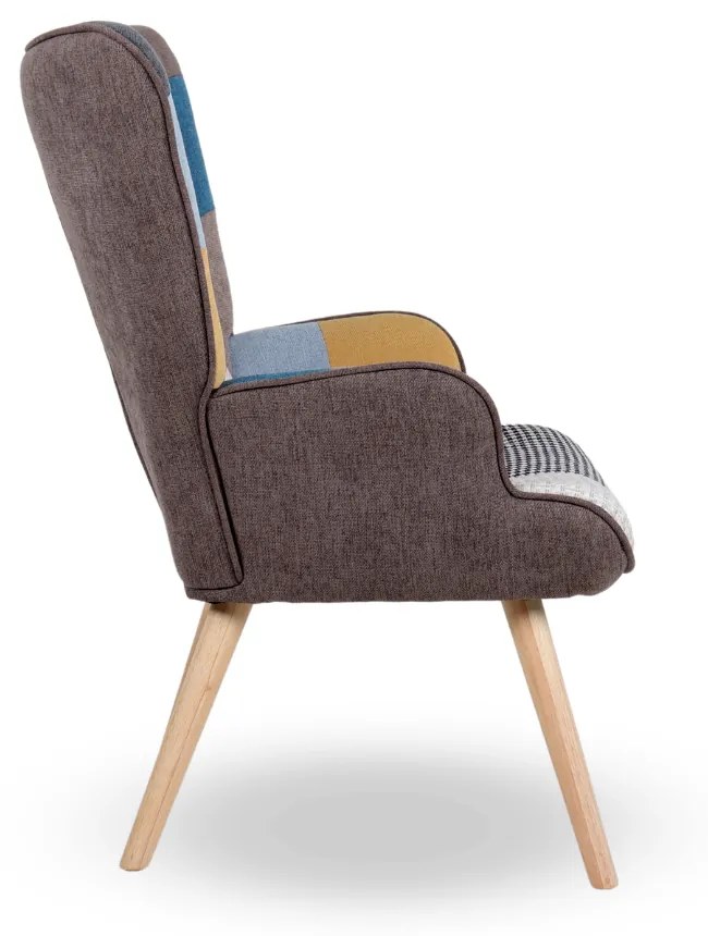 Kreslo ušiak CORDU + taburet — masív, látka, prírodná / patchwork