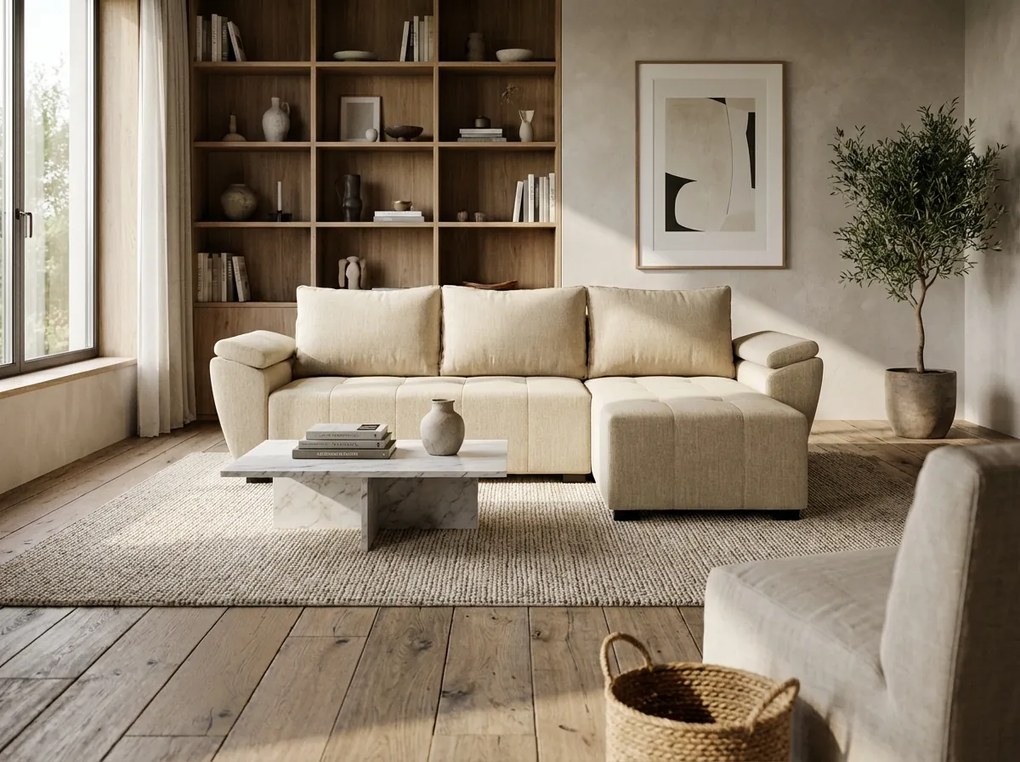 Rozkladacia obojstranná sedacia súprava do L LIVARO 251x140 cm, krémová