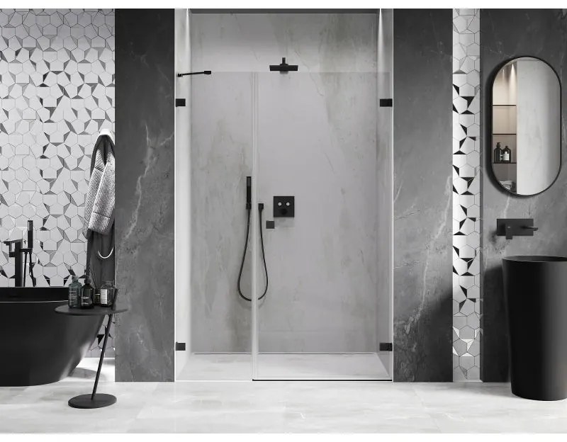 Mexen Lunar-B, Otočné pravé sprchové dvere 115 cm, číre sklo, čierny profil, 832S-115-050-70-00-P