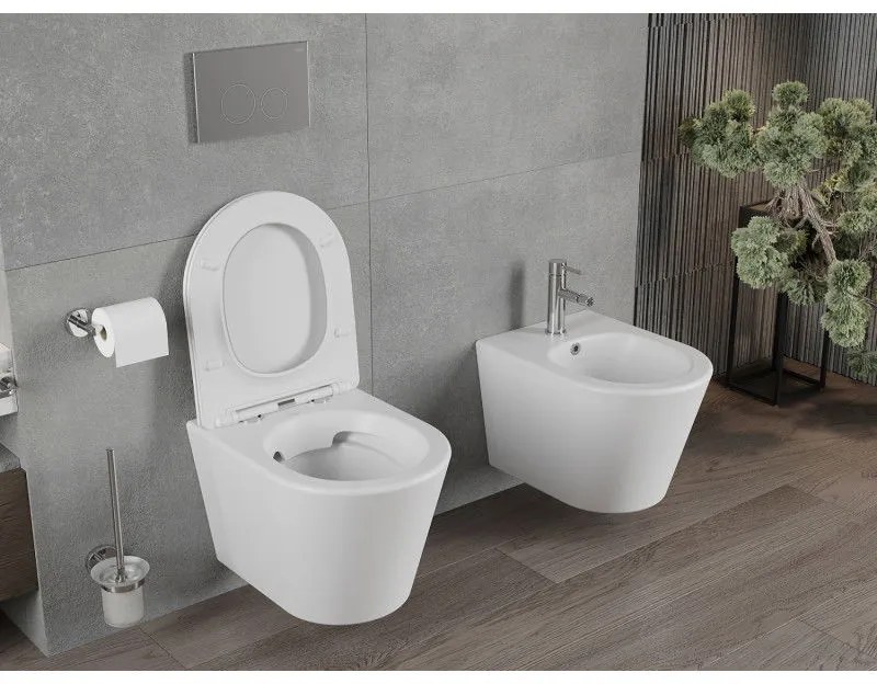 Mexen Rico Rimless závesné wc + slim pomaly padajúce sedátko z duroplastu, biela matná, 30724001