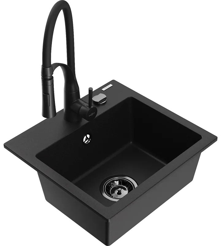 Mexen Milo, 1-komorový granitový drez 435x410x171 mm a drezová batéria Aster, čierna, 6505-77-73450-70-B