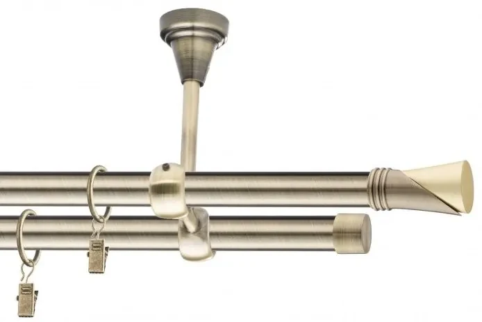 Dekorstudio Stropná mosadzná dvojradová garniža VEGA 19mm Dĺžka: 140cm, Typ uchytenia: Držiak dvojitý otvorený, Typ príslušenstva: Bez príslušenstva