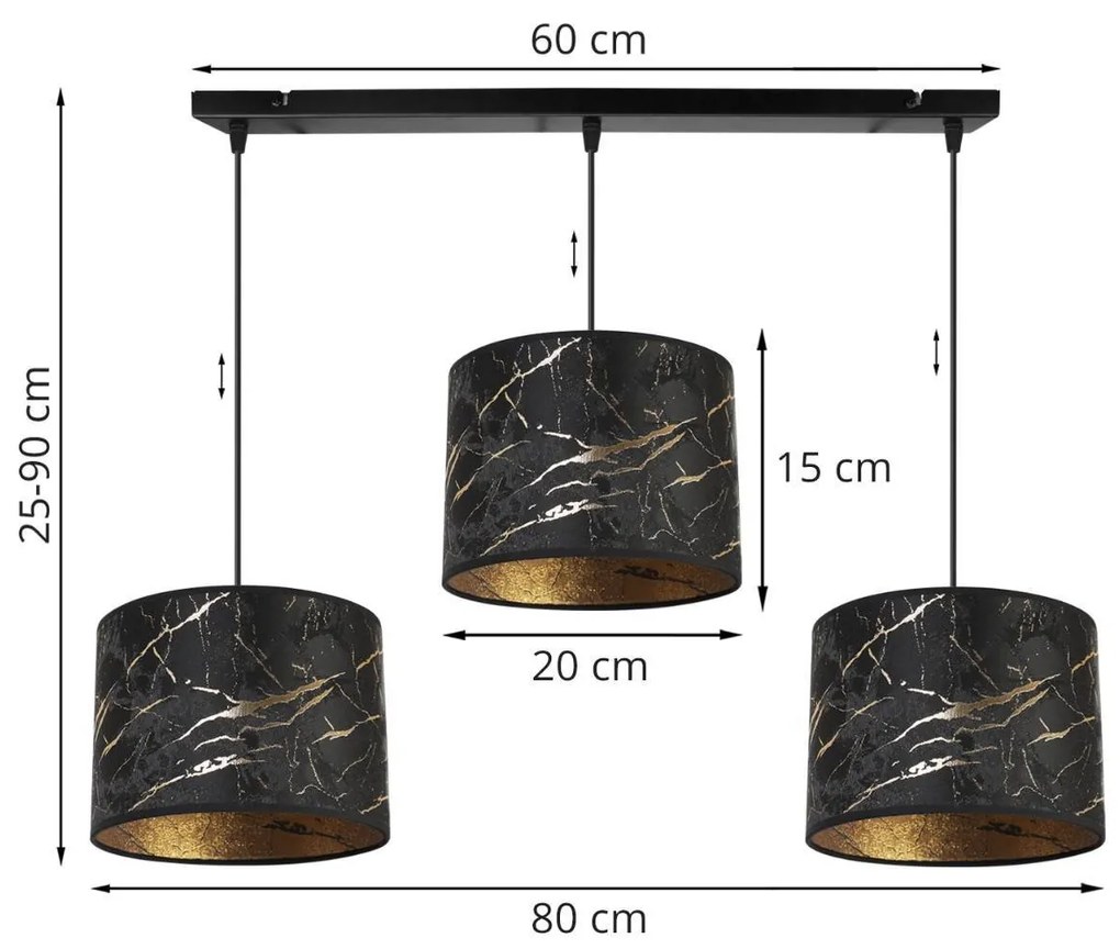 Závesné svietidlo Werona 3, 3x čierne textilné tienidlo so vzorom, g