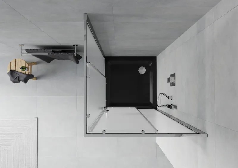 Mexen Rio, štvorcový sprchovací kút s posuvnými dverami 80(dvere) x 80(dvere) x 190 cm, 6mm sklo námraza, chrómový profil + čierna sprchová vanička SLIM, 860-080-080-01-30-4070