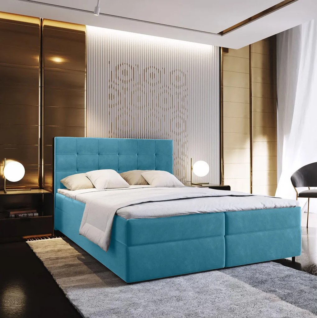 Čalúnená posteľ boxspring GLORIEN VELVET 180x200 cm modrá Matrac: Matrac Bonell pružinový
