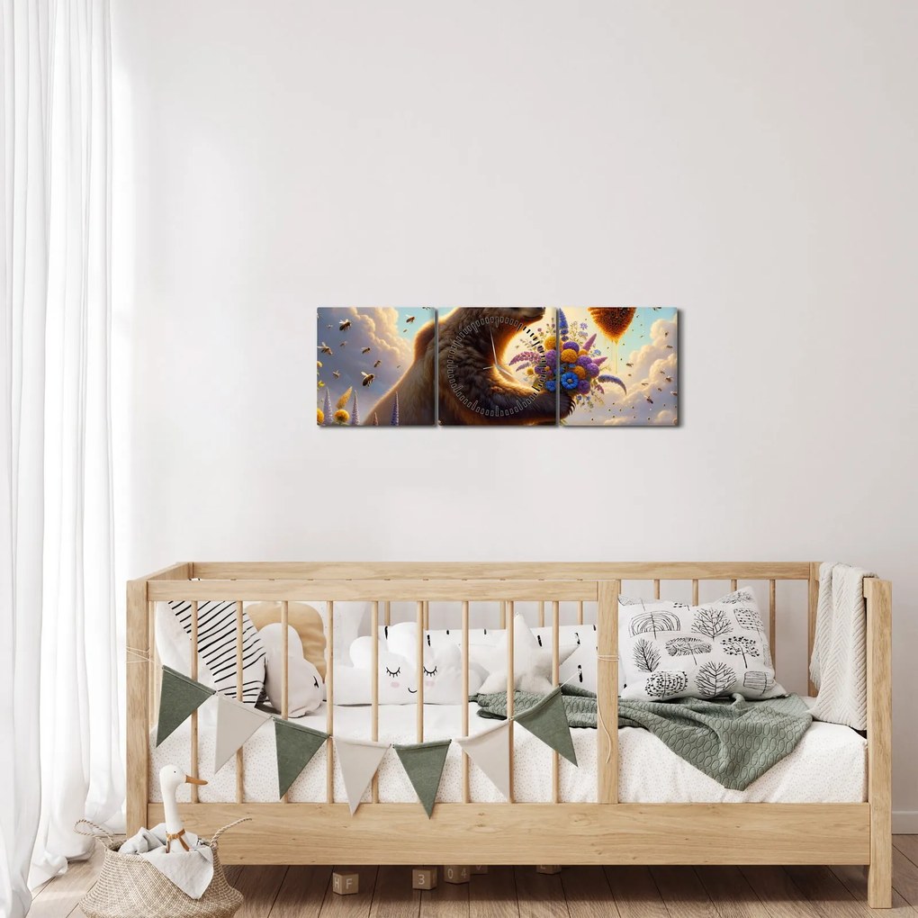 Obraz - Medveď a včielky (s hodinami) (90x30 cm)