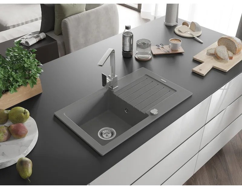 Mexen Pablo, granitový drez 752x436x161 mm, 1-komorový a chrómová batéria Rita, šedá, 6510-71-670300-00