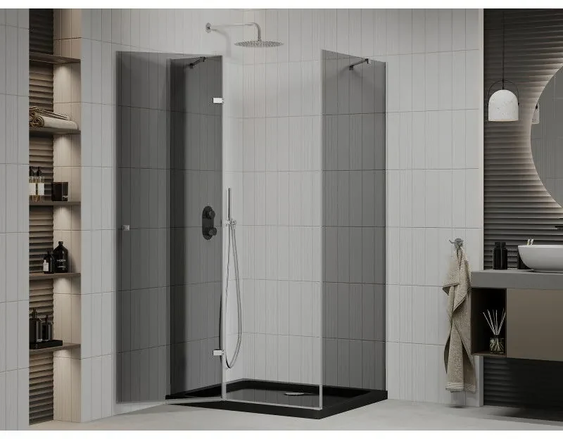 Mexen Roma, sprchovací kút s 1-krídlovými dverami 90 (dvere) x 120 (stena) cm, 6mm šedé sklo, chrómový profil, slim sprchová vanička 5cm čierna, 854-090-100-01-40-4070