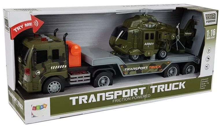 LEAN TOYS Odťahovacie vojenské vozidlo s prívesom a vrtuľníkom 1:16 + svetlo, zvuk