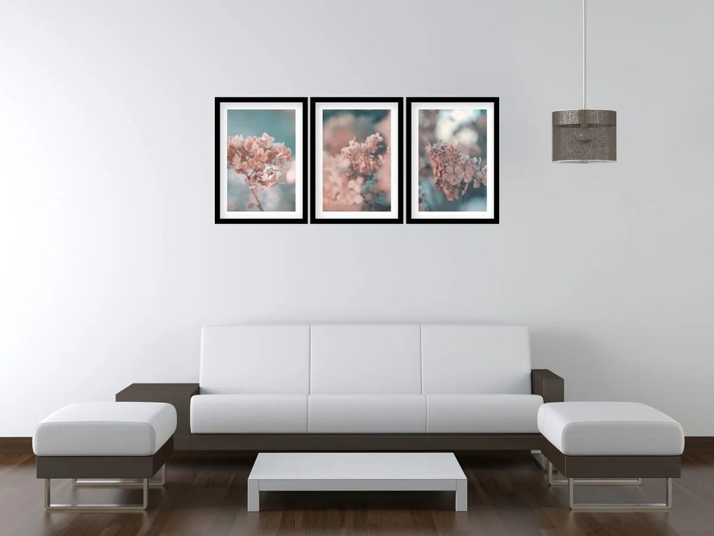Gario Sada plagátov Nádherné hortenzie - 3 dielna Farba rámu: Zlatá, Rozmery: 99 x 45 cm