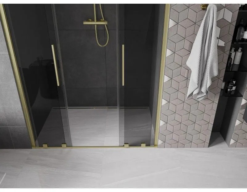 Mexen Velar L Duo, posuvné sprchové dvere do otvoru 150 cm, 8mm šedé sklo, zlatá matná, 871-150-003-42-55
