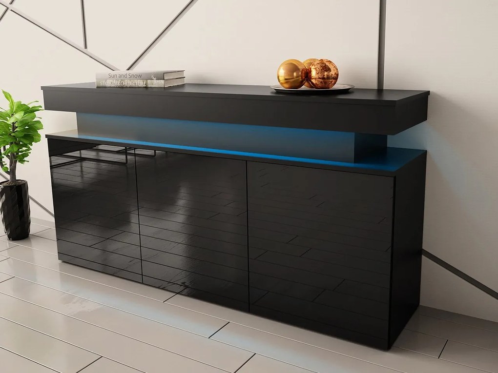 Komoda s LED osvetlením Lestirola 3D 160, Farba: čierna / čierny lesk