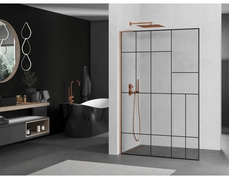 Mexen Kioto L, sprchová zástena Walk-In 80 x 200 cm, 8mm číre sklo čierny vzor, medený matný profil, 800-080-103-65-78