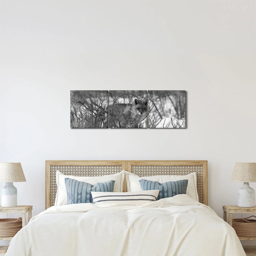 Obraz - Líška v zime (s hodinami) (90x30 cm)