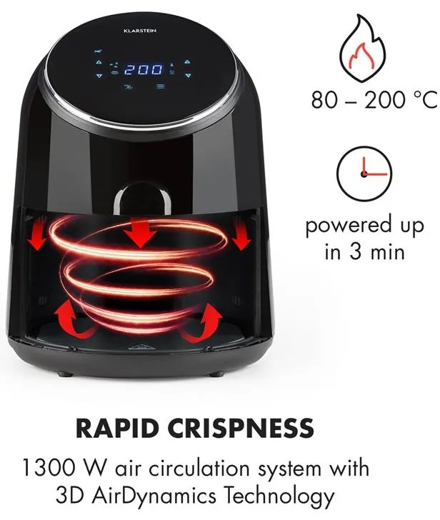 Klarstein AirVital, teplovzdušná fritéza, 1300 W, 2,5 l, nepriľnavý povrch CeraPlus, dotykové ovládanie, čierna
