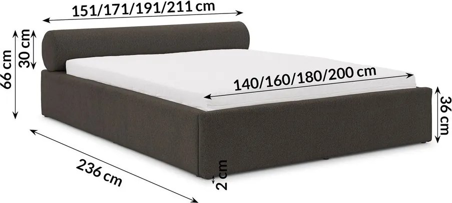 Tmavosivá čalúnená dvojlôžková posteľ s úložným priestorom s roštom 180x200 cm Cille – Ropez