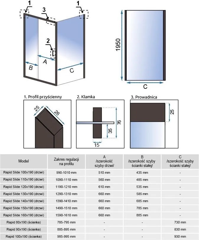Rea Rapid, pevná stena pre sprchovací kút Rapid 100 x 195 cm, 6mm číre sklo, zlatý matný profil, REA-K4706