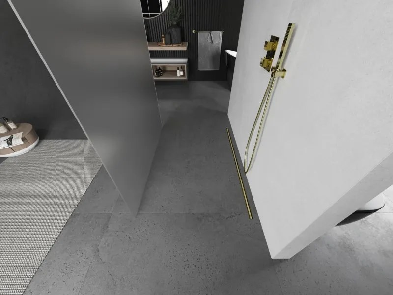 Mexen Kioto, sprchová zástena Walk-In 130 x 200 cm, 8mm sklo námraza, zlatý matný profil, 800-130-002-55-30
