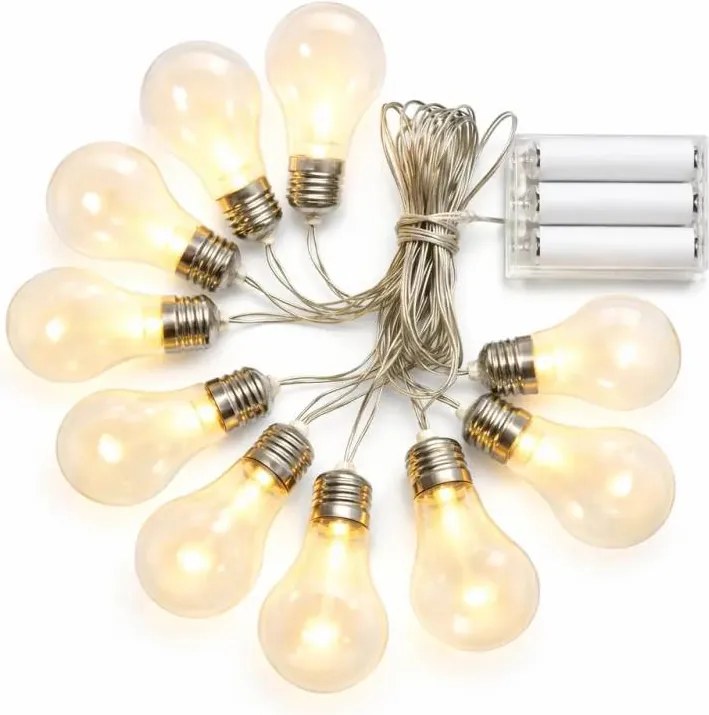 DECOLED Batériové LED párty svetlá 5 m, 10 teplých bielych LED diód, priehľadné žiarovky, transparentné, 3× AA, IP20 vnútorné
