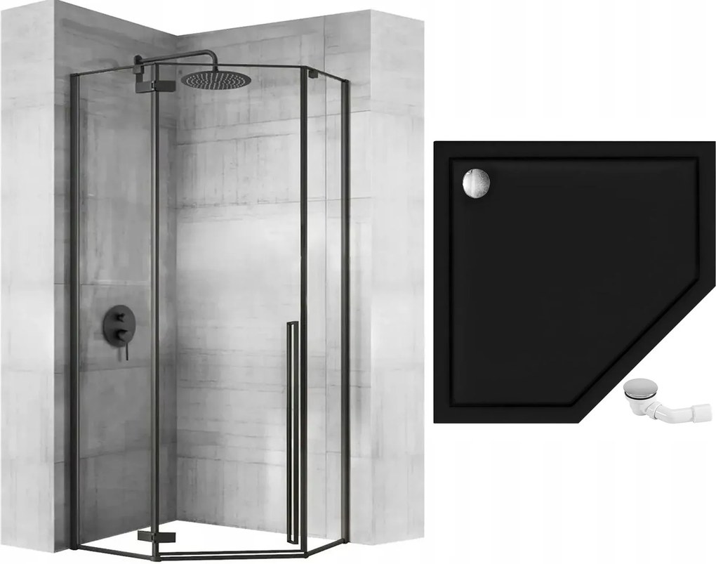 Päťuholníkový sprchovací kút REA DIAMOND 90x90 cm, čierny matný/transparent + vanička Diamond biela