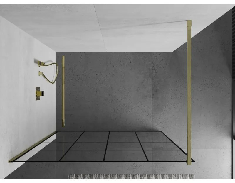 Mexen Kioto, sprchová zástena Walk-In 160 x 200 cm, 8mm číre sklo čierny vzor, zlatý matný profil, 800-160-101-55-77