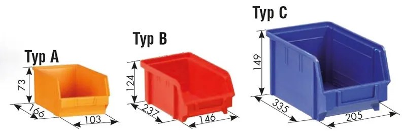 Závesný regál s plastovými boxmi BASIC a priehradkou, 9 boxov