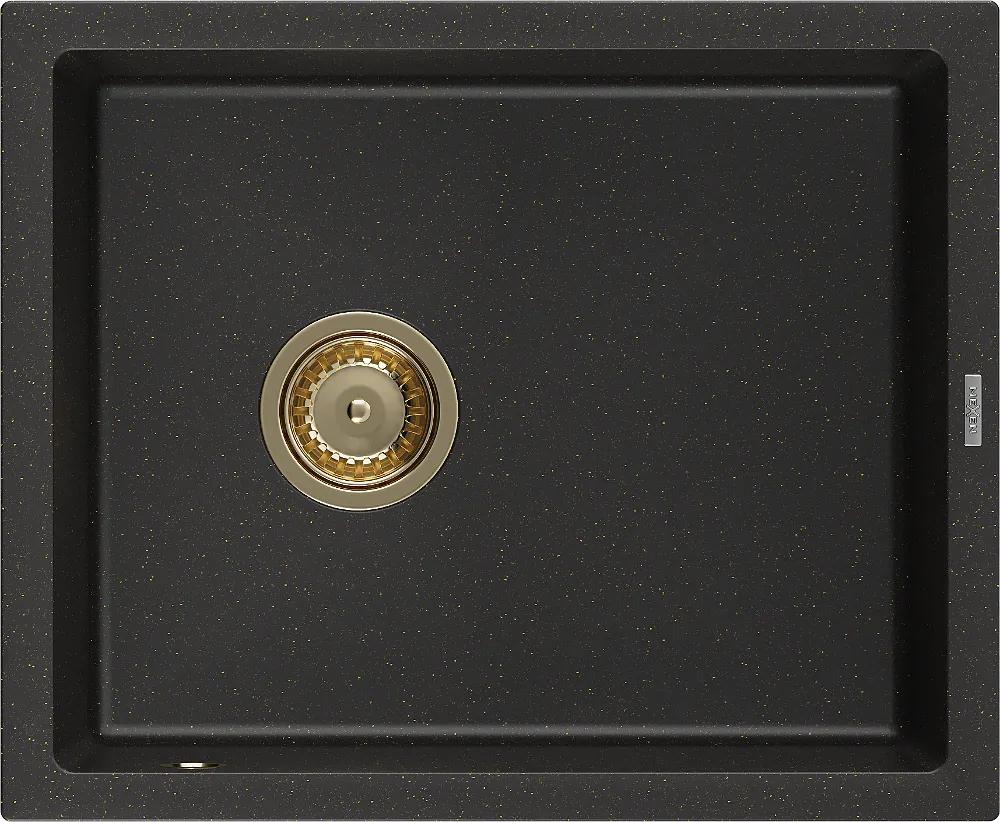 Mexen Pedro, granitový drez 560x460x200 mm, 1-komorový, čierna-zlatá metalíza so zlatým sifónom, 6508561000-75-G