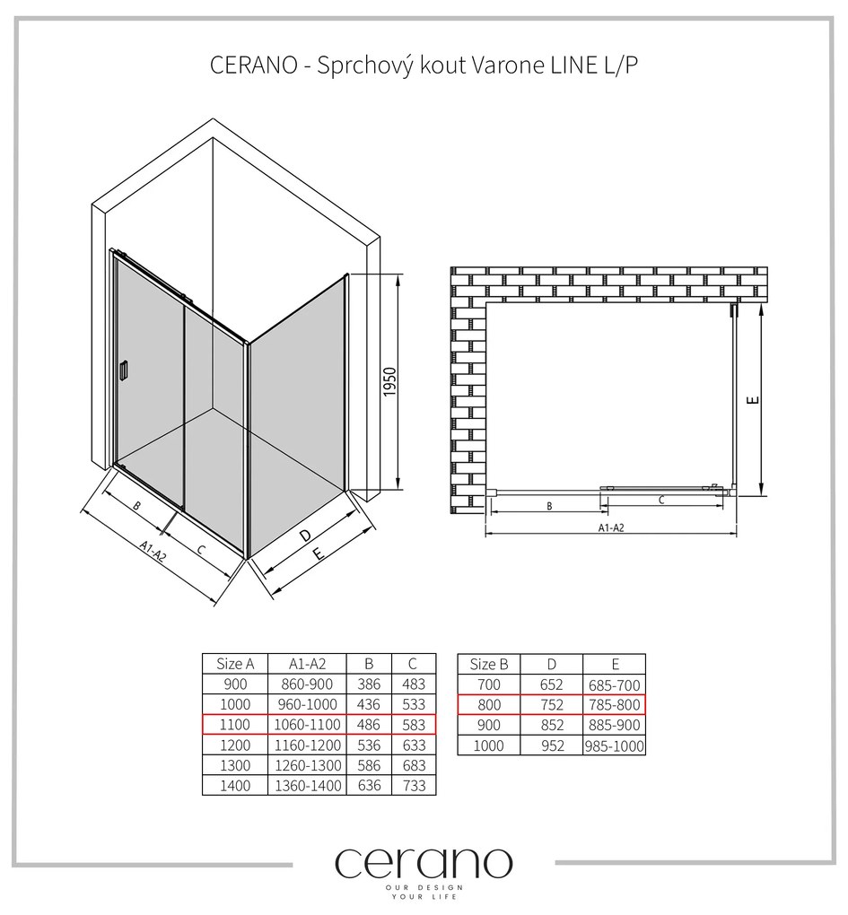 CERANO - Sprchovací kút Varone LINE L/P - čierna matná, transparentné sklo - 110x80 cm - posuvný, CER-CER-DY505B-90105