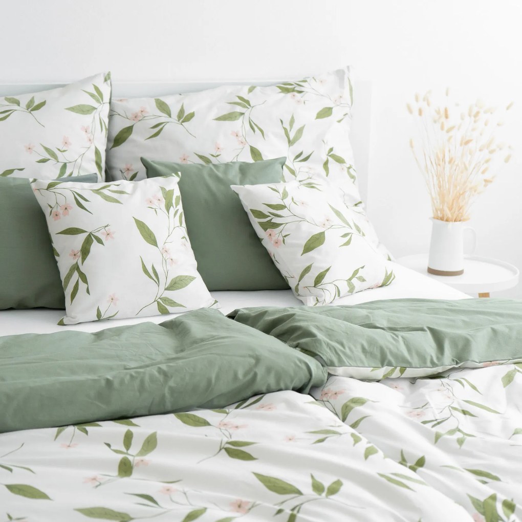 Goldea bavlnené posteľné obliečky duo - vôňa jazmínu so šalviovo zelenou 140 x 220 a 70 x 90 cm