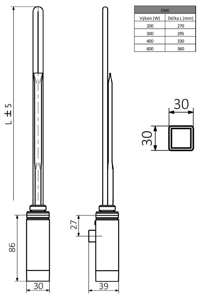 Sapho Sapho, ONE vykurovacia tyč s termostatom, 600 W, chróm, ONE-C-600
