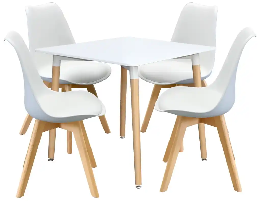 Jedálenský stôl 80x80 QUATRO biely + 4 stoličky QUATRO biele | BIANO