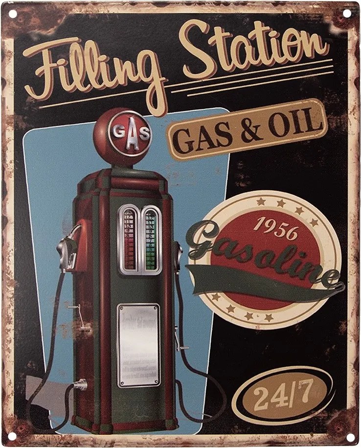 Čierna antik nástenná kovová ceduľa Filling Station - 20*1*25 cm