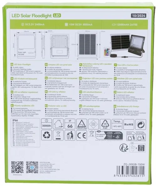 Aigostar - LED RGB Stmievateľný solárny reflektor LED/150W/3,2V IP66 + DO