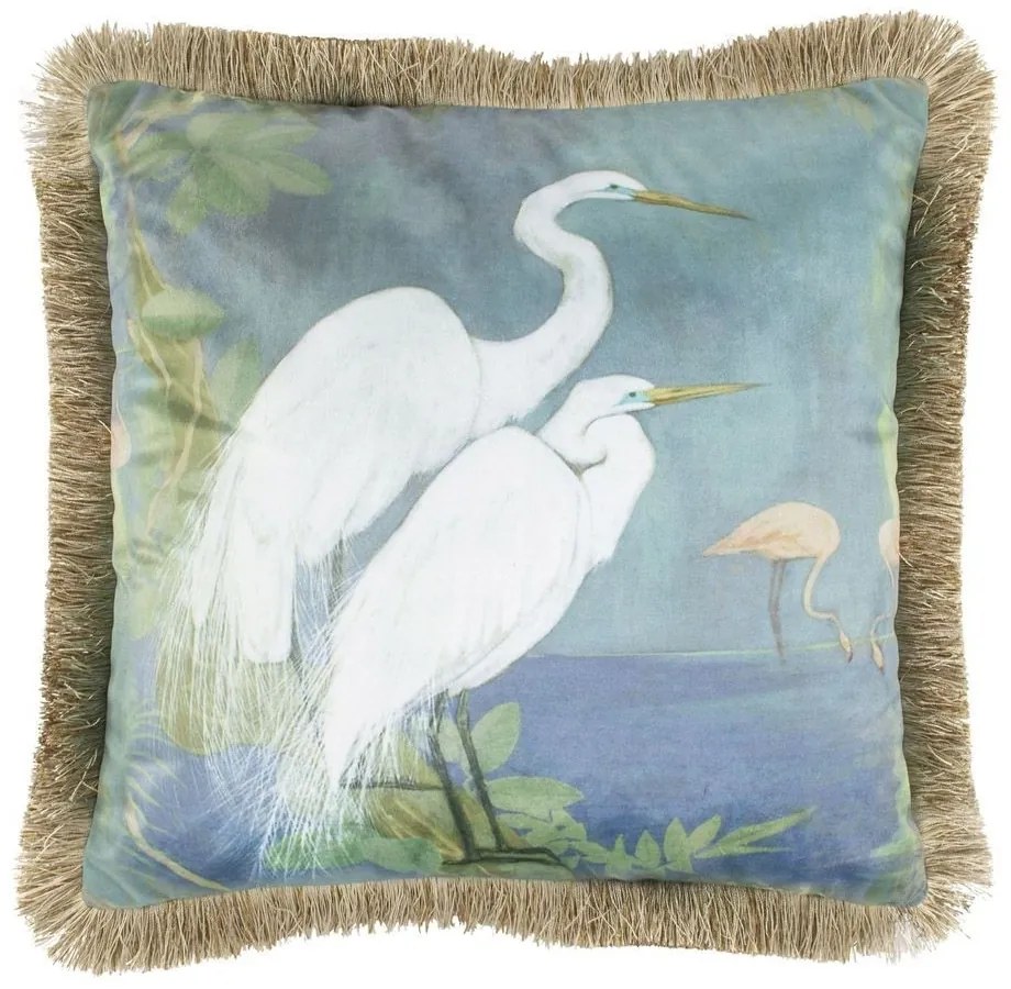 Zamatový vankúš bielej volavky so zlatými strapcami Frill - 45 * 45 * 10cm