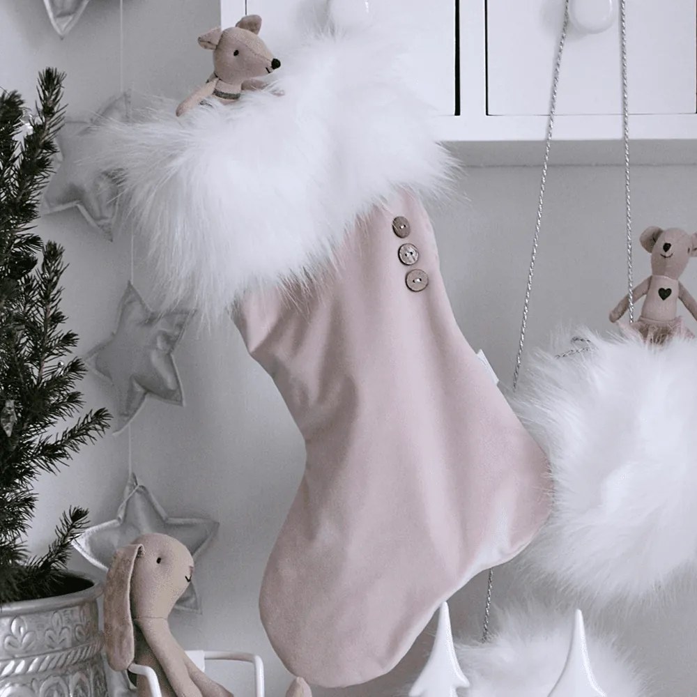 Vianočná pančucha púdrovo ružová s bielou kožušinou 42x26cm