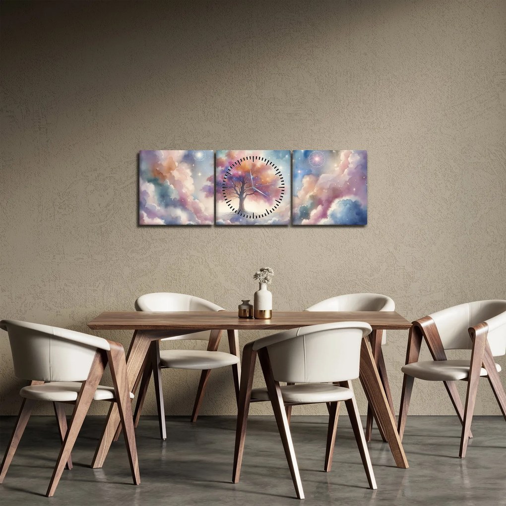 Obraz – Strom života v oblakoch (s hodinami) (90x30 cm)