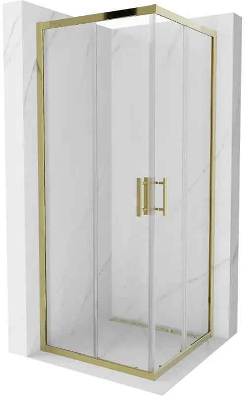 Mexen Rio, štvorcový sprchovací kút s posuvnými dverami 80(dvere) x 80(dvere) x 190 cm, 6mm číre sklo, zlatý profil, 860-080-080-50-00