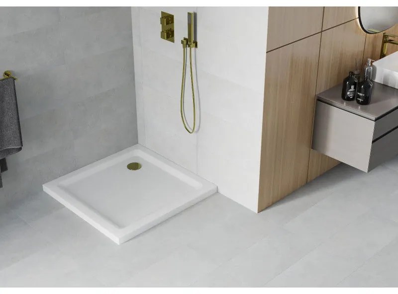 Mexen SLIM - Štvorcová sprchová vanička 100x100x5cm + zlatý sifón, biela, 40101010G