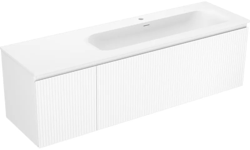 Mexen Rivel, kúpeľňová skrinka 160 cm s pravým umývadlom Vela, 1S, 1D, drážkovaná, biela matná, 91A23-16047-3-BBFF01-W23P01