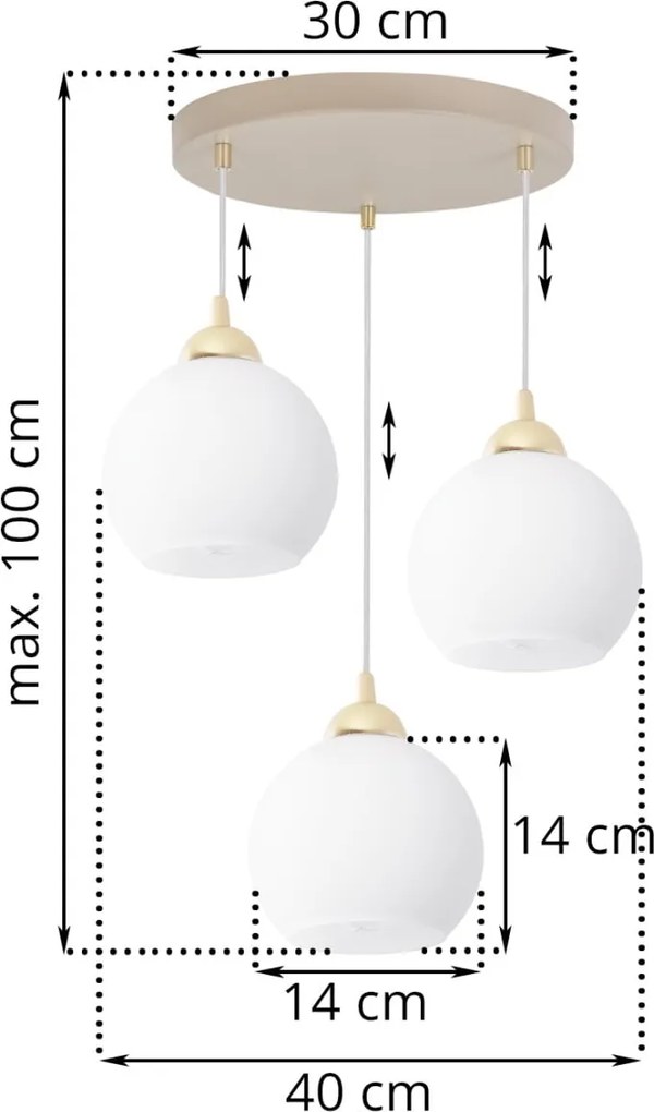 Závesné svietidlo Eliza, 3x biele sklenené tienidlo, g/be, o