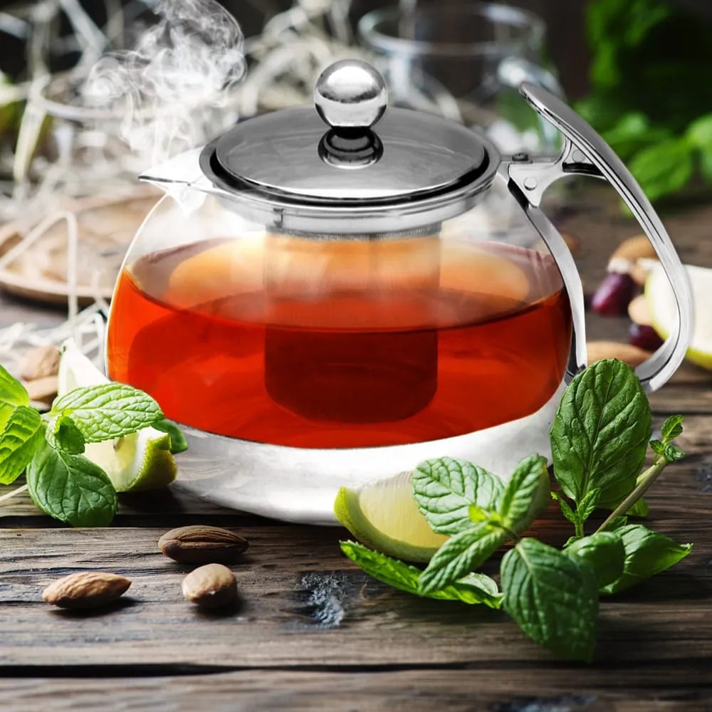 Monzana Čajník so sitkom TEA 1,2L+4 šálky, priesvitná, strieborná