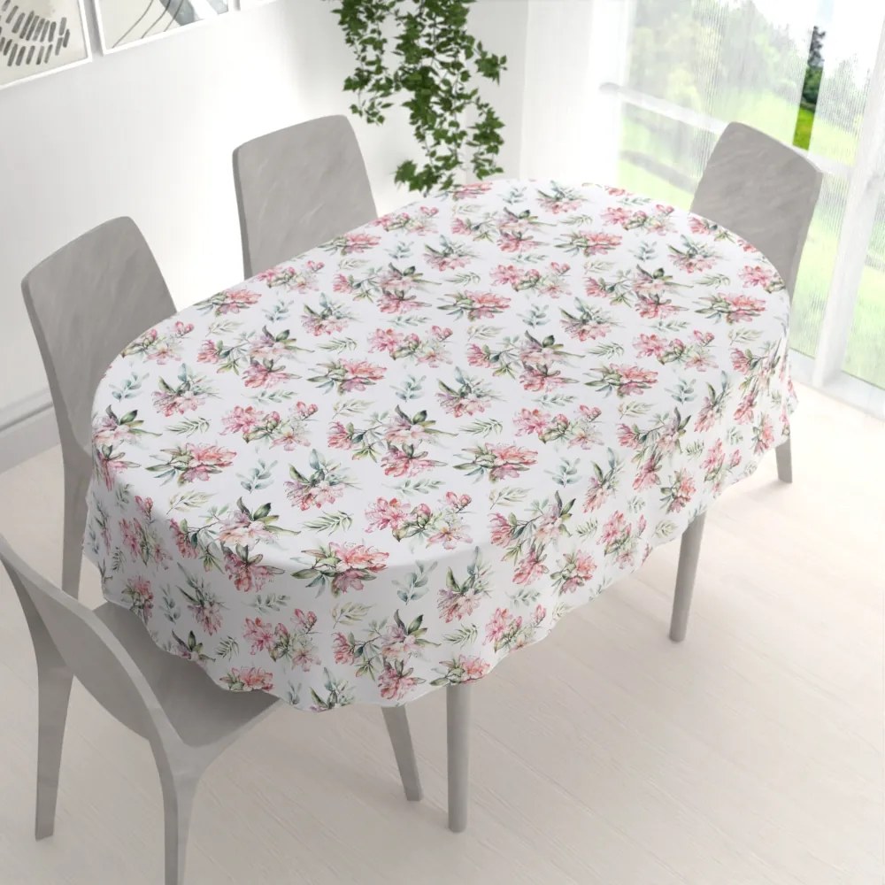 Biante Teflónový oválny obrus TF-134 Akvarelové kvety rododendrónu na bielom 120x200 cm