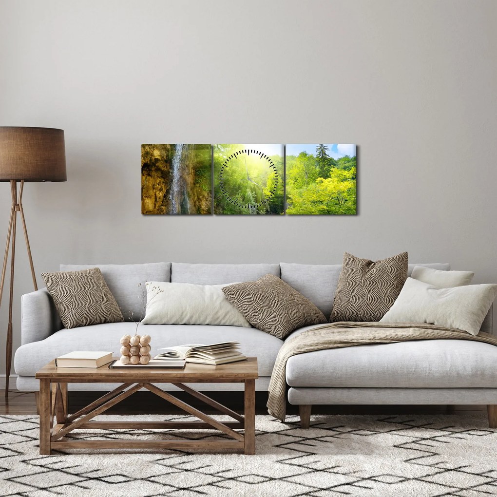 Obraz - vodopády v pralese (s hodinami) (90x30 cm)