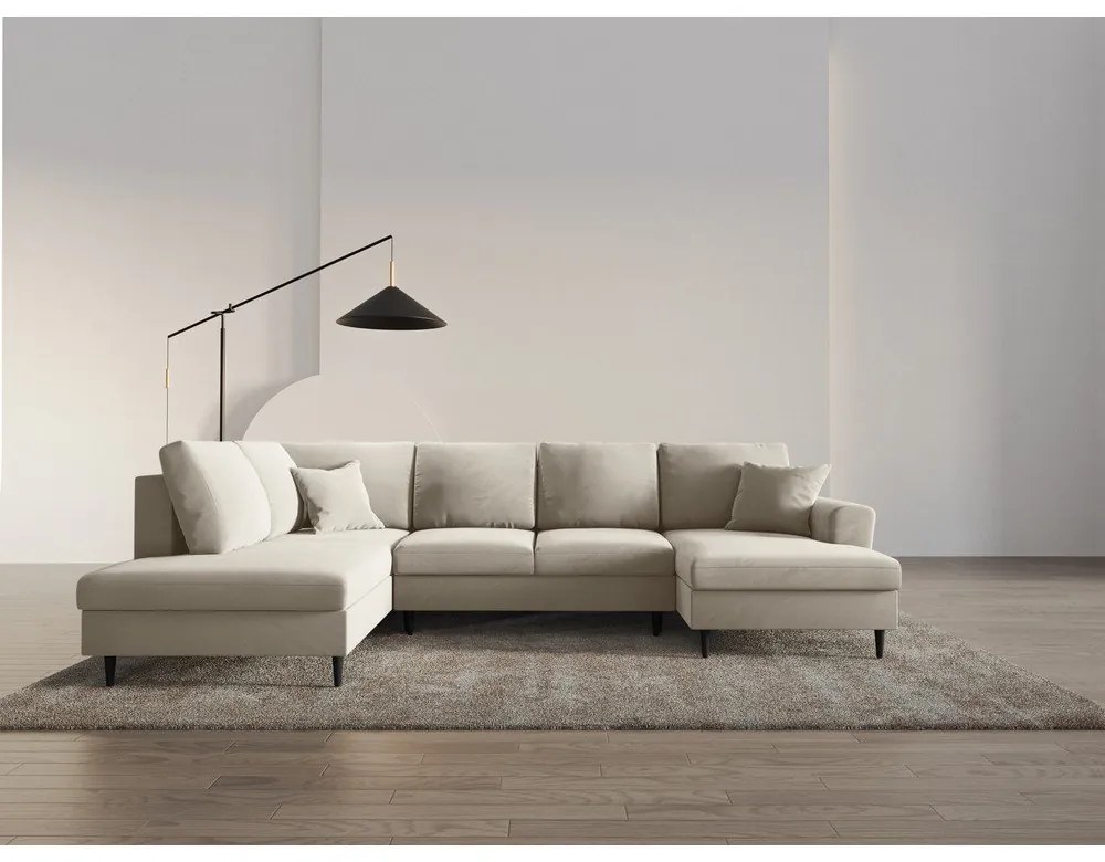 Béžová zamatová rozkladacia/s úložným priestorom rohová pohovka (ľavý roh/do "U") Kyoto – Cosmopolitan Design