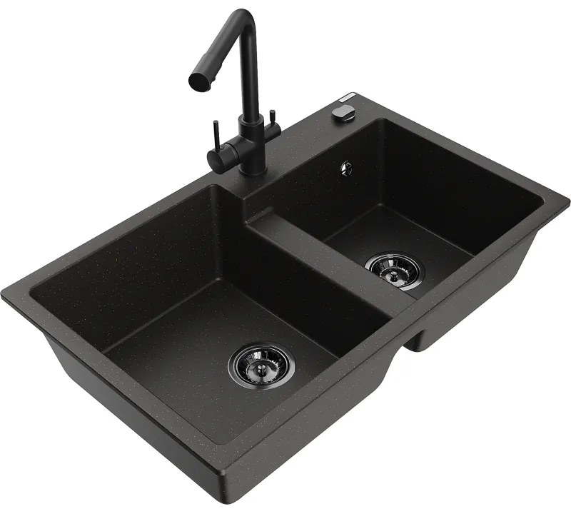 Mexen Tomas, granitový drez 800x500x190 mm, 2-komorový a čierna batéria Duero, čierna - zlatá metalíza, 6516-75-671600-70-B
