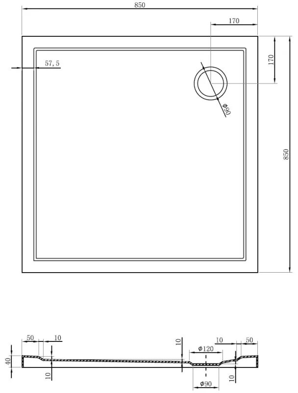 Mexen Flow Slim, štvorcová sprchová vanička 85 x 85 cm, biela lesklá, 46S108585